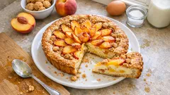 Crostata pesche e amaretti con crema e frolla all’olio: l’idea “a fiore” che fa scena