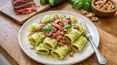 Paccheri cremosi speck e zucchine: il pesto di zucchine che lega senza panna