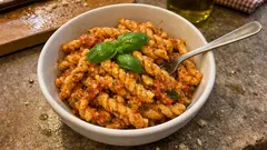 Busiate alla trapanese: pesto di pomodorini e mandorle pronto in pochi minuti