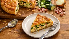 Pizza rustica alle zucchine e pancetta: alta, cremosa e si taglia perfettamente